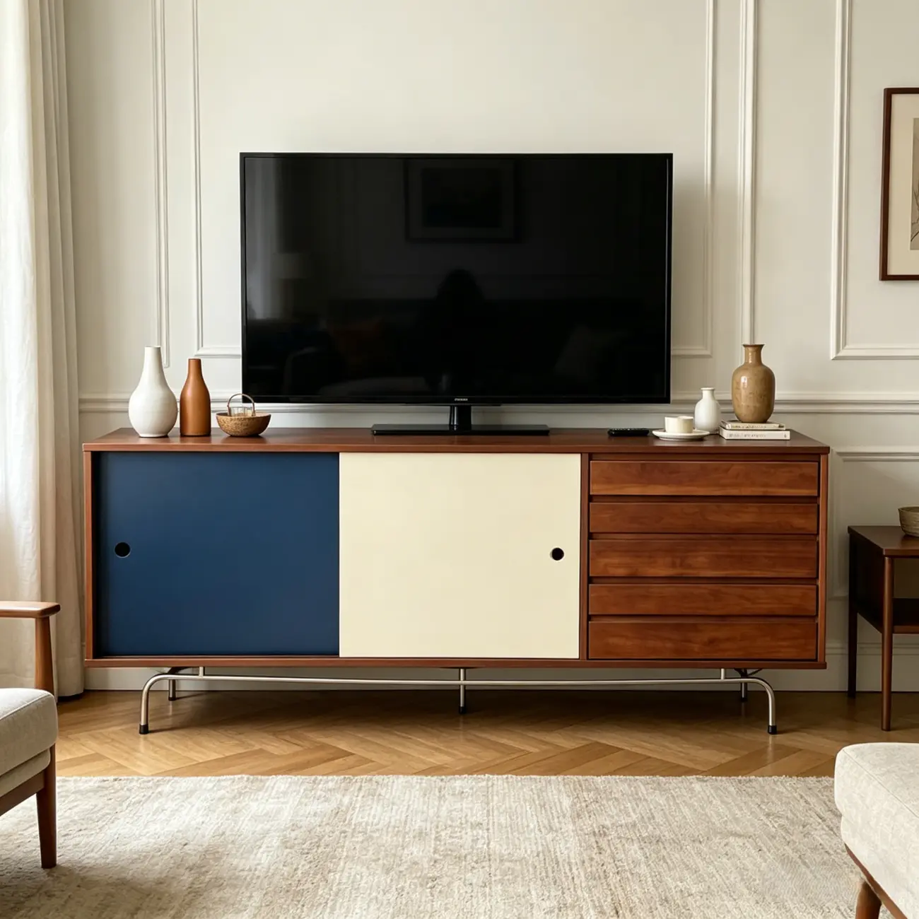 Mid-Century Modern Wood Storage TV Stand with Sliding Doors Image - 1 | homeyfad