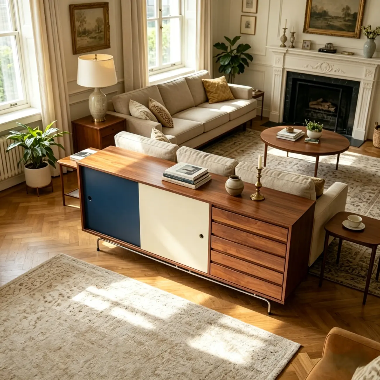 Mid-Century Modern Wood Storage TV Stand with Sliding Doors Image - 4 | homeyfad