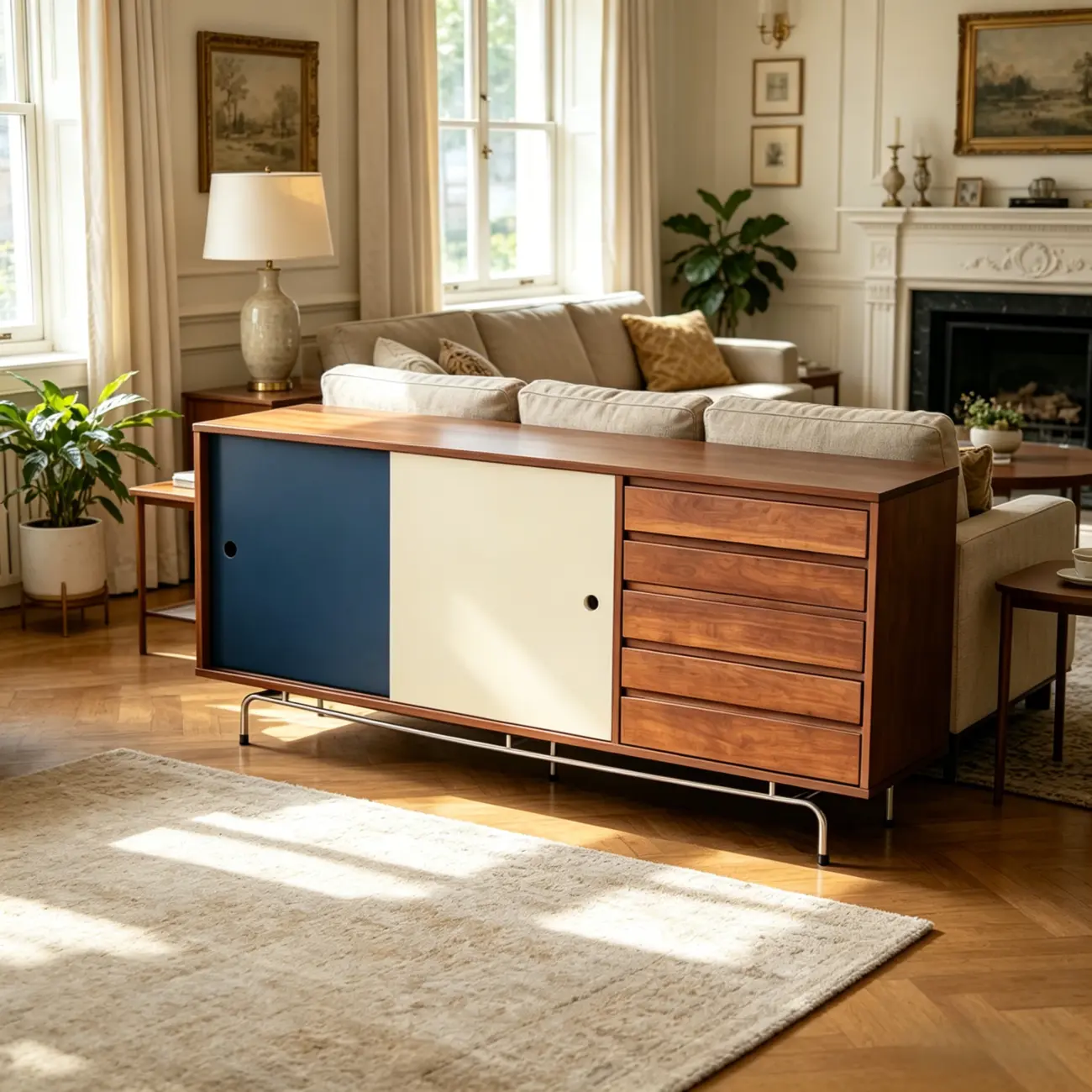 Mid-Century Modern Wood Storage TV Stand with Sliding Doors Image - 3 | homeyfad