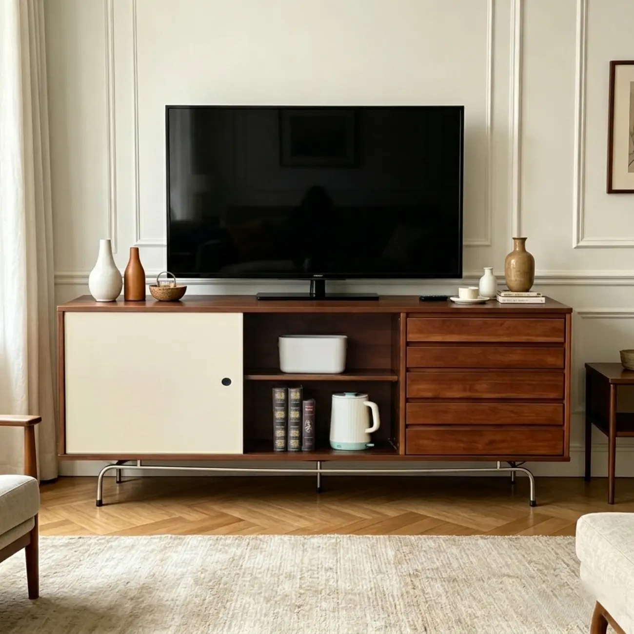 Mid-Century Modern Wood Storage TV Stand with Sliding Doors Image - 2