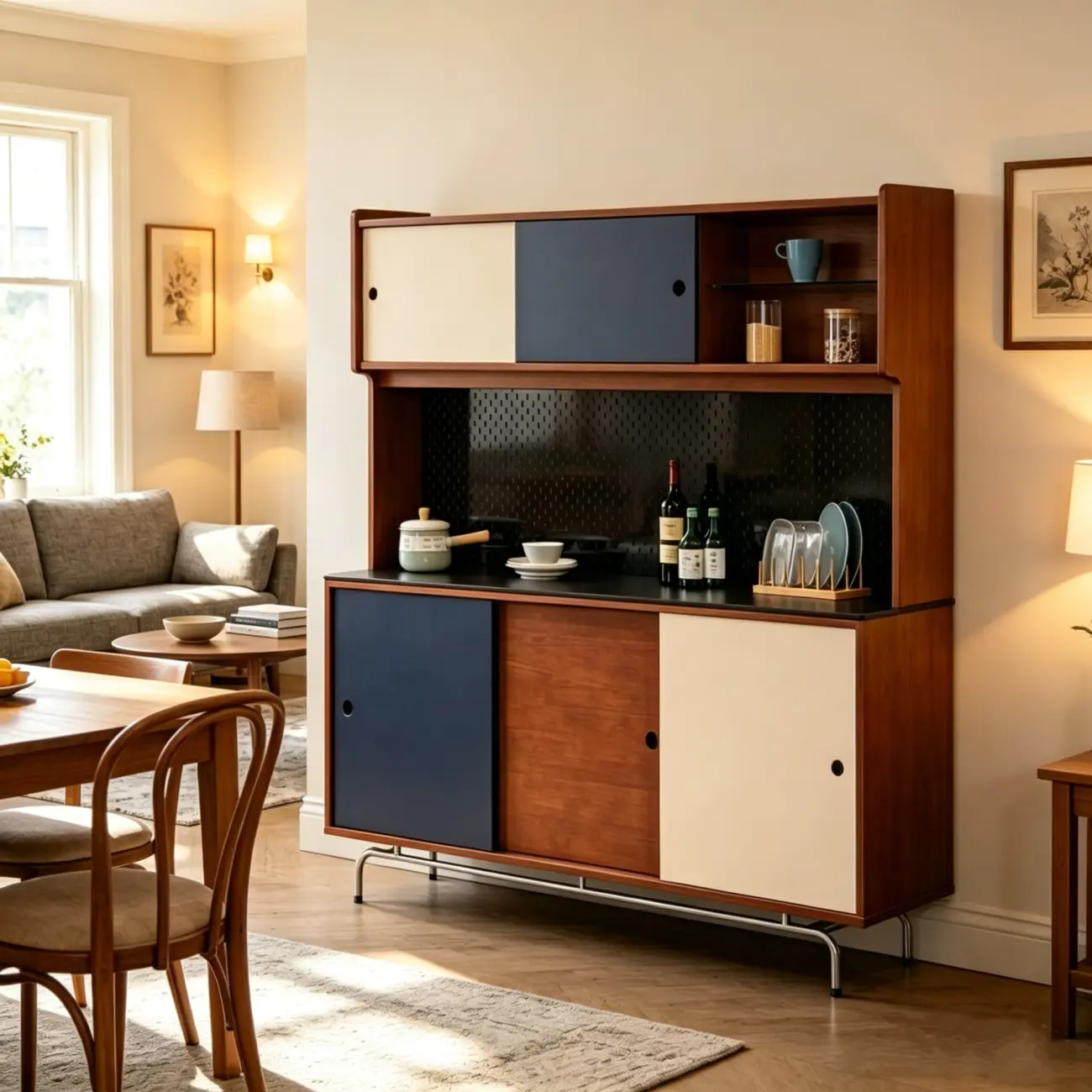 Mid-Century Modern Wood Sideboard with Stone Top and Storage Image - 2 | homeyfad