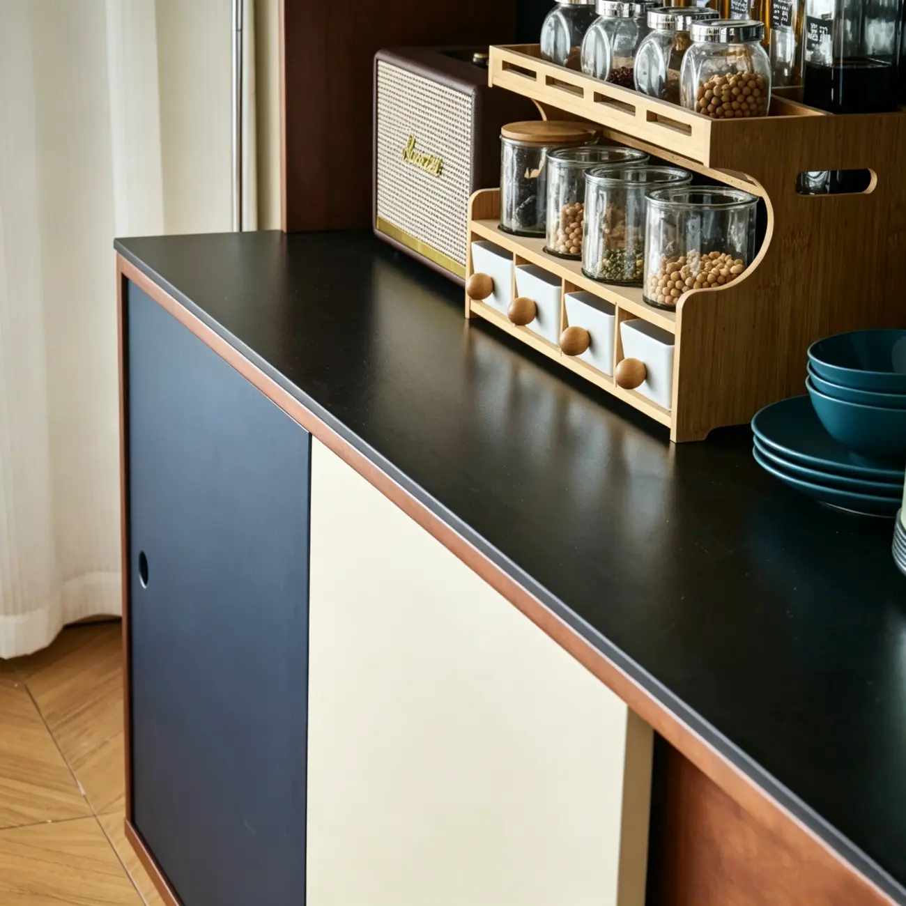 Mid-Century Modern Wood Sideboard with Stone Top and Storage Image - 6 | homeyfad