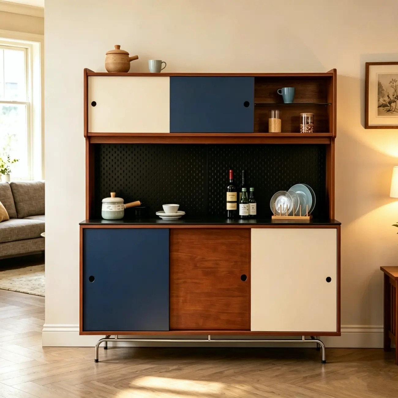 Mid-Century Modern Wood Sideboard with Stone Top and Storage Image - 1 | homeyfad