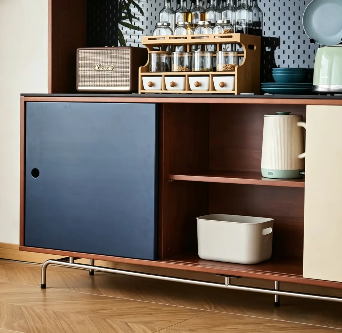 Mid-Century Modern Wood Sideboard with Stone Top and Storage Image - 8 | homeyfad