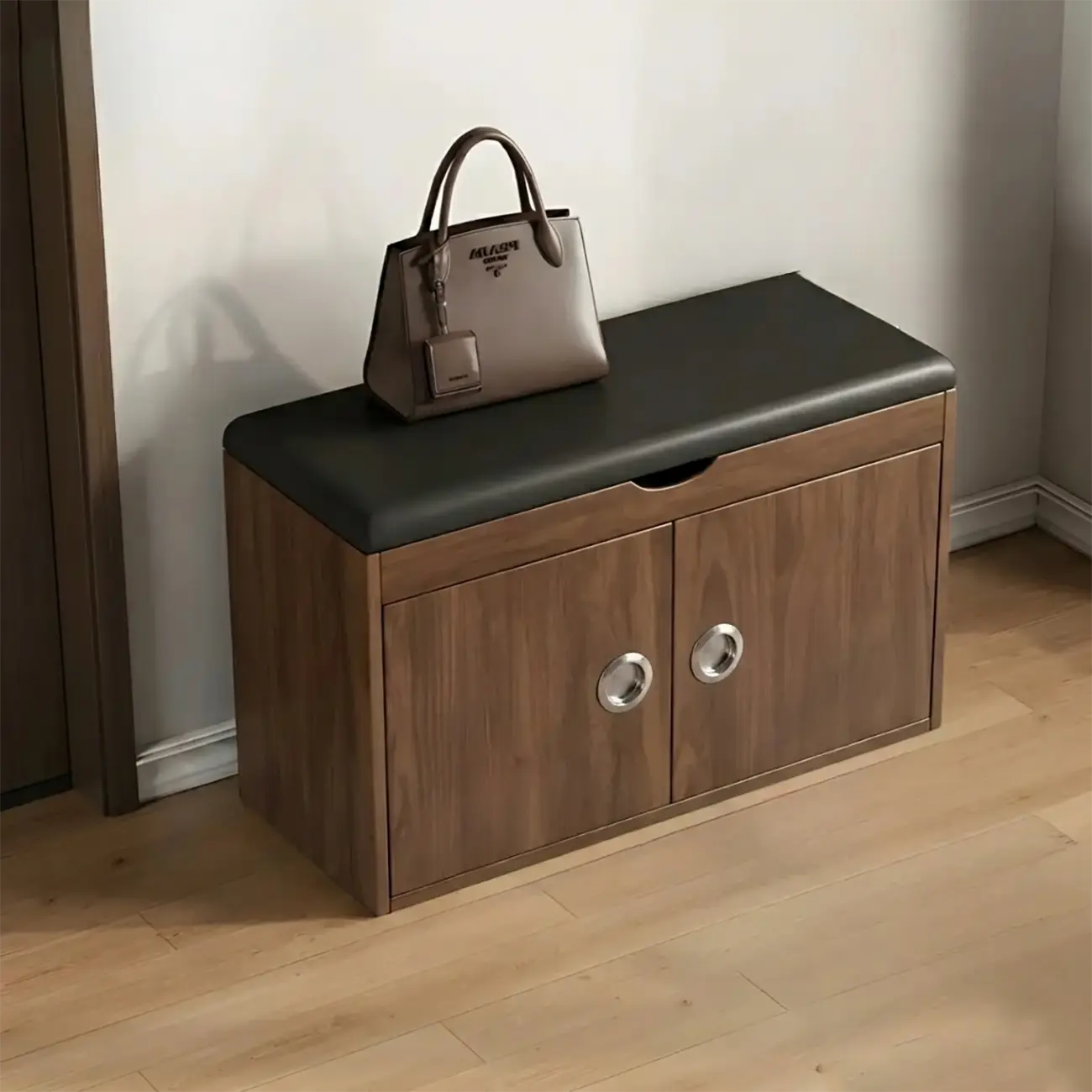 Solid Wood Shoe Storage Bench with Cushion Top & Open Shelf Image - 6 | homeyfad