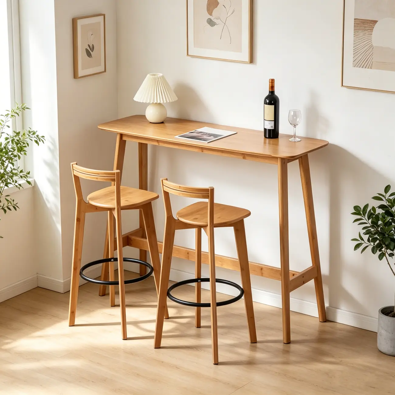 Modern Bamboo Bar Set with Footrest Stools Image - 3 | homeyfad