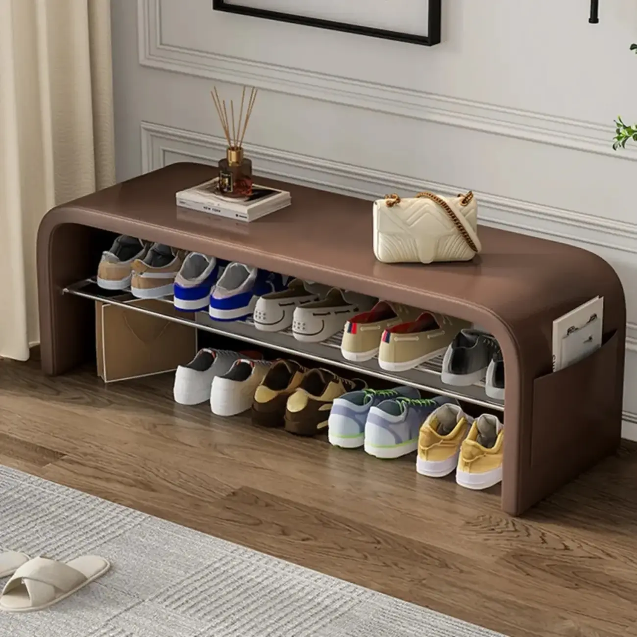 Arched Faux Leather Cushioned Storage Entryway Bench Image - 3 | homeyfad