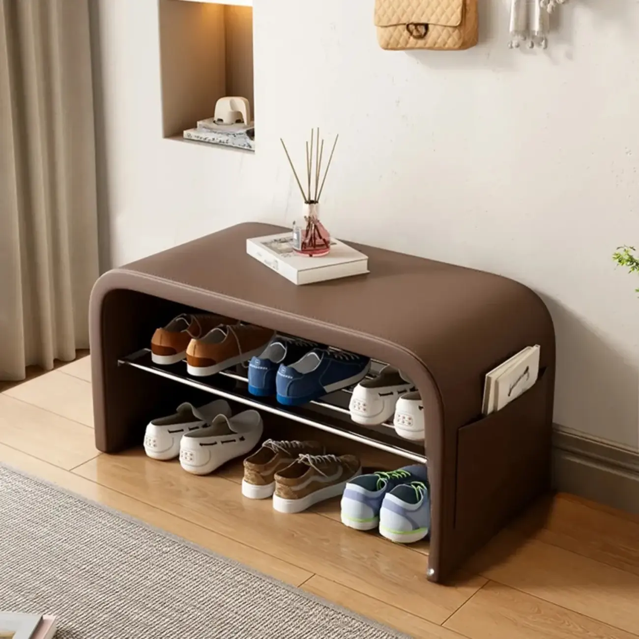 Arched Faux Leather Cushioned Storage Entryway Bench Image - 9 | homeyfad