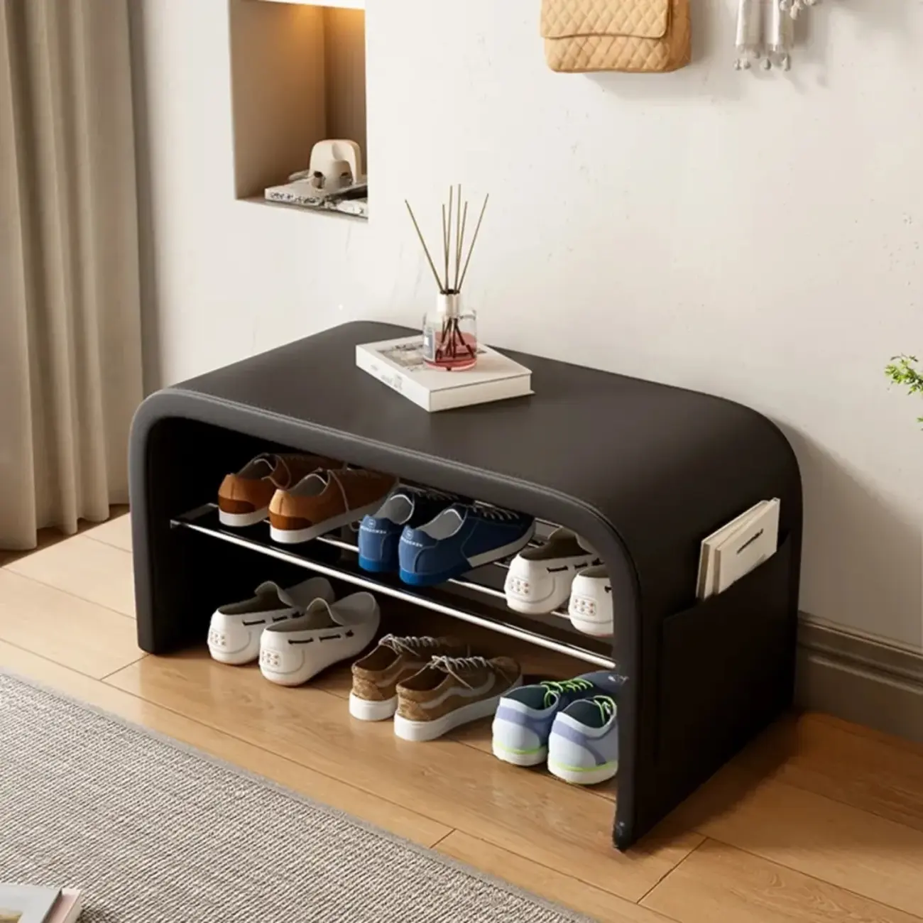 Arched Faux Leather Cushioned Storage Entryway Bench Image - 5 | homeyfad