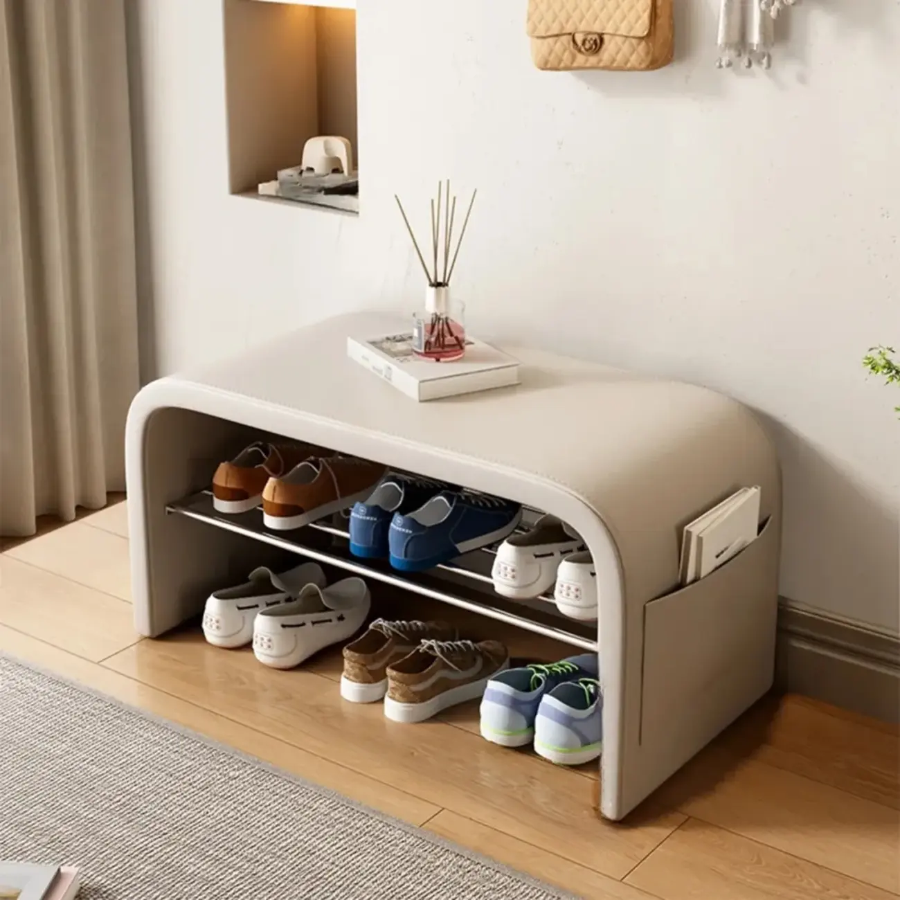 Arched Faux Leather Cushioned Storage Entryway Bench Image - 11 | homeyfad