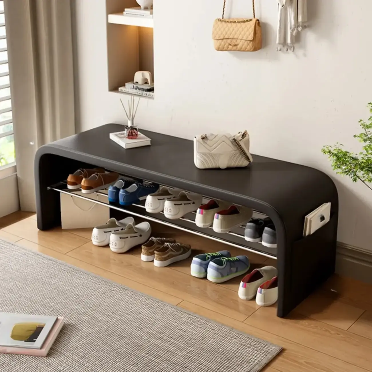 Arched Faux Leather Cushioned Storage Entryway Bench Image - 12 | homeyfad