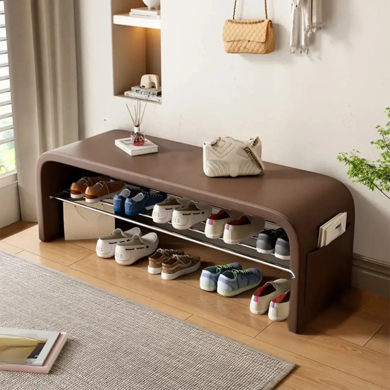 Arched Faux Leather Cushioned Storage Entryway Bench Image - 8 | homeyfad