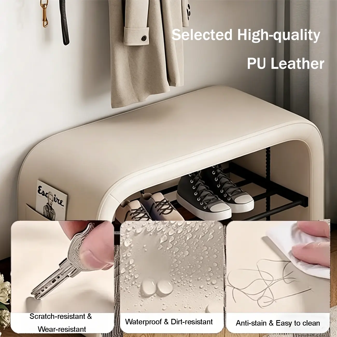 Arched Faux Leather Cushioned Storage Entryway Bench Image - 4 | homeyfad