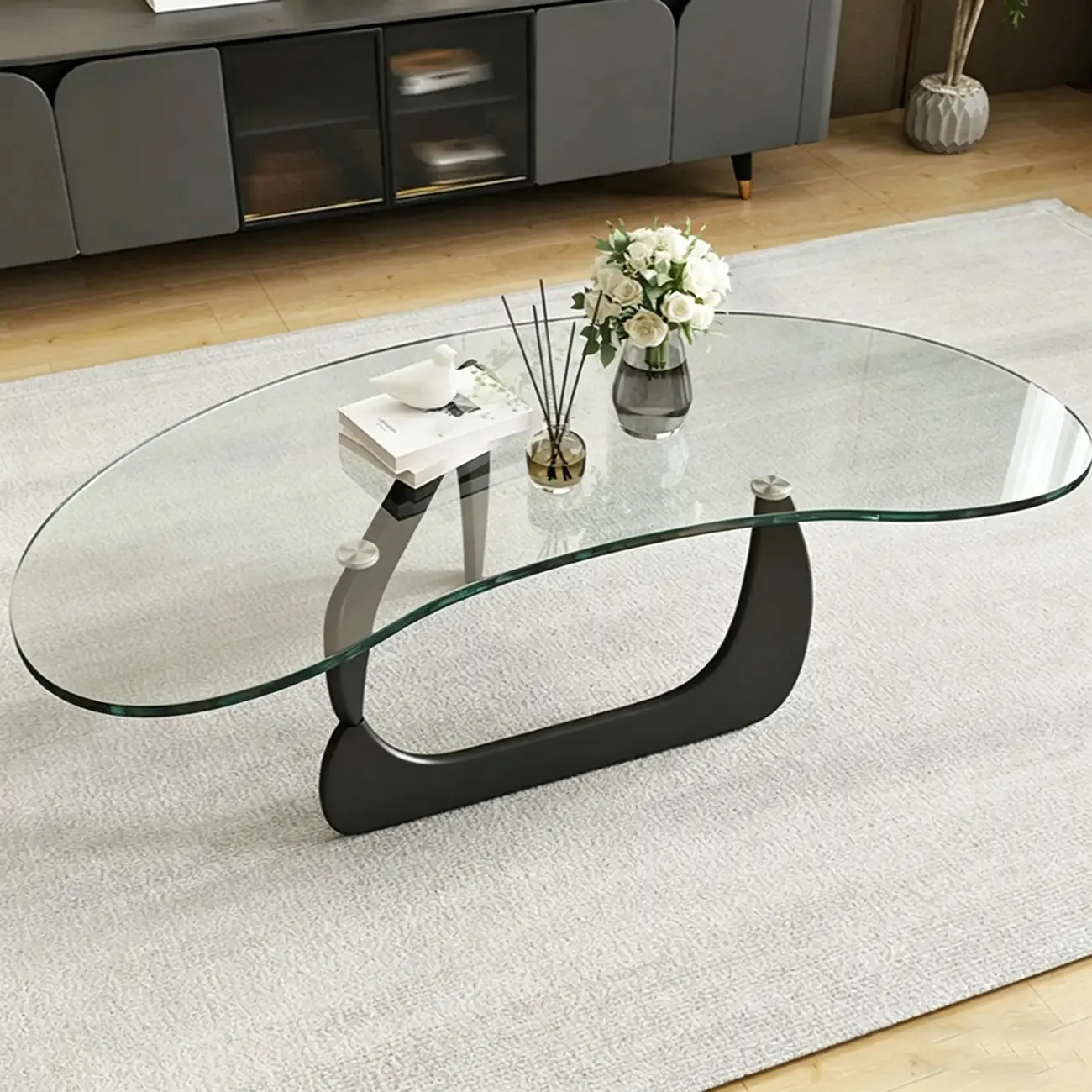 Nordic Free Form Glass Top Coffee Table in Abstract Base Image - 6 | homeyfad