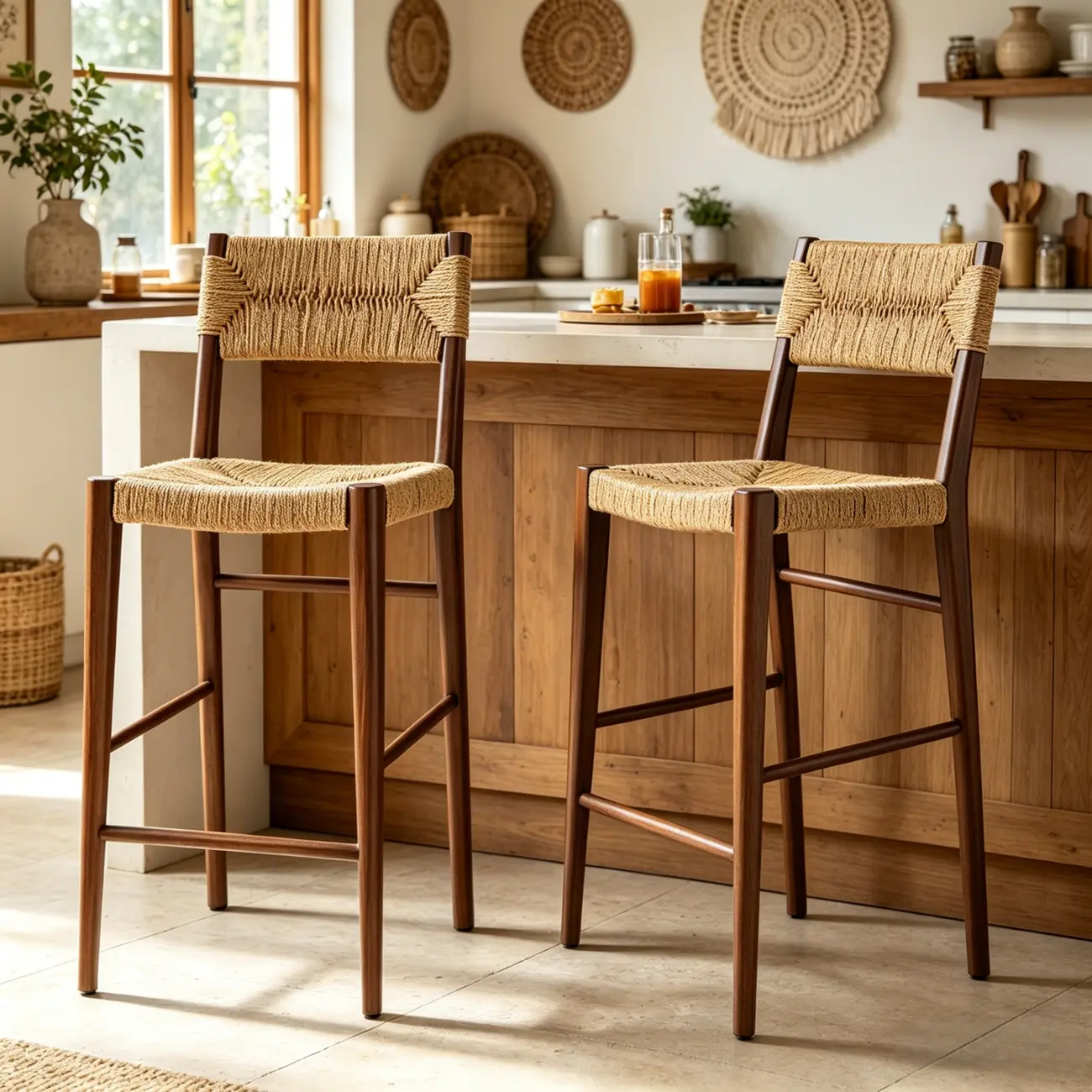 Natural Wood Woven Seat Low Back Bar Stools Image - 3 | homeyfad