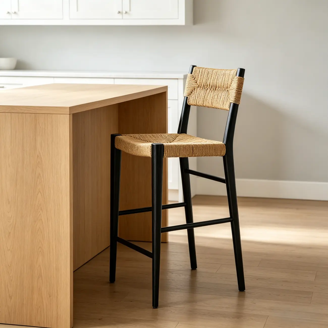 Natural Wood Woven Seat Low Back Bar Stools Image - 8 | homeyfad