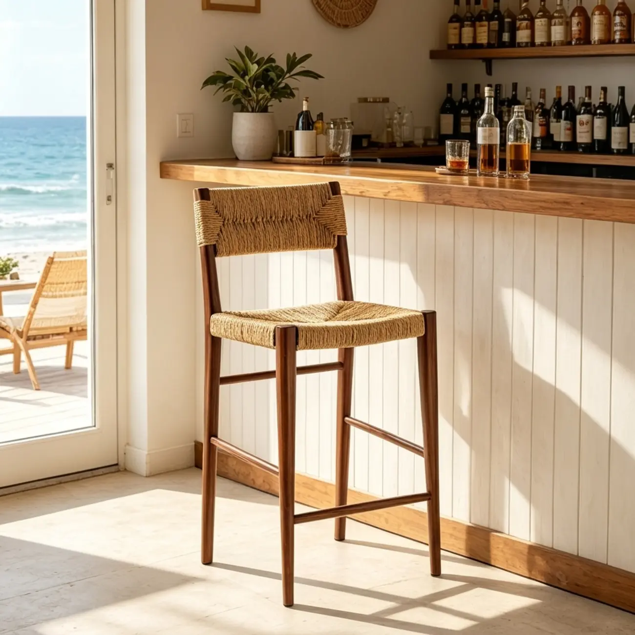 Natural Wood Woven Seat Low Back Bar Stools Image - 2 | homeyfad
