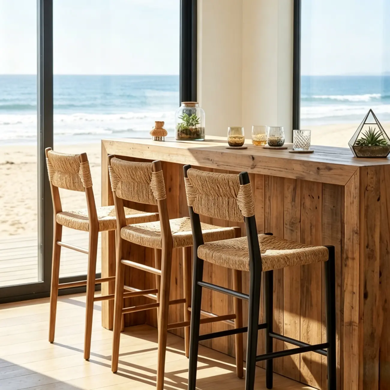 Natural Wood Woven Seat Low Back Bar Stools Image - 7 | homeyfad
