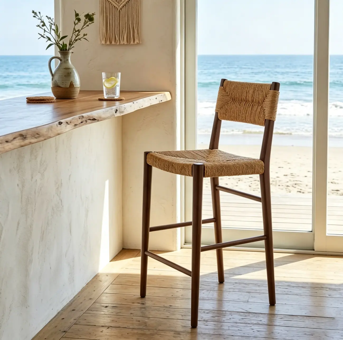 Natural Wood Woven Seat Low Back Bar Stools Image - 4 | homeyfad