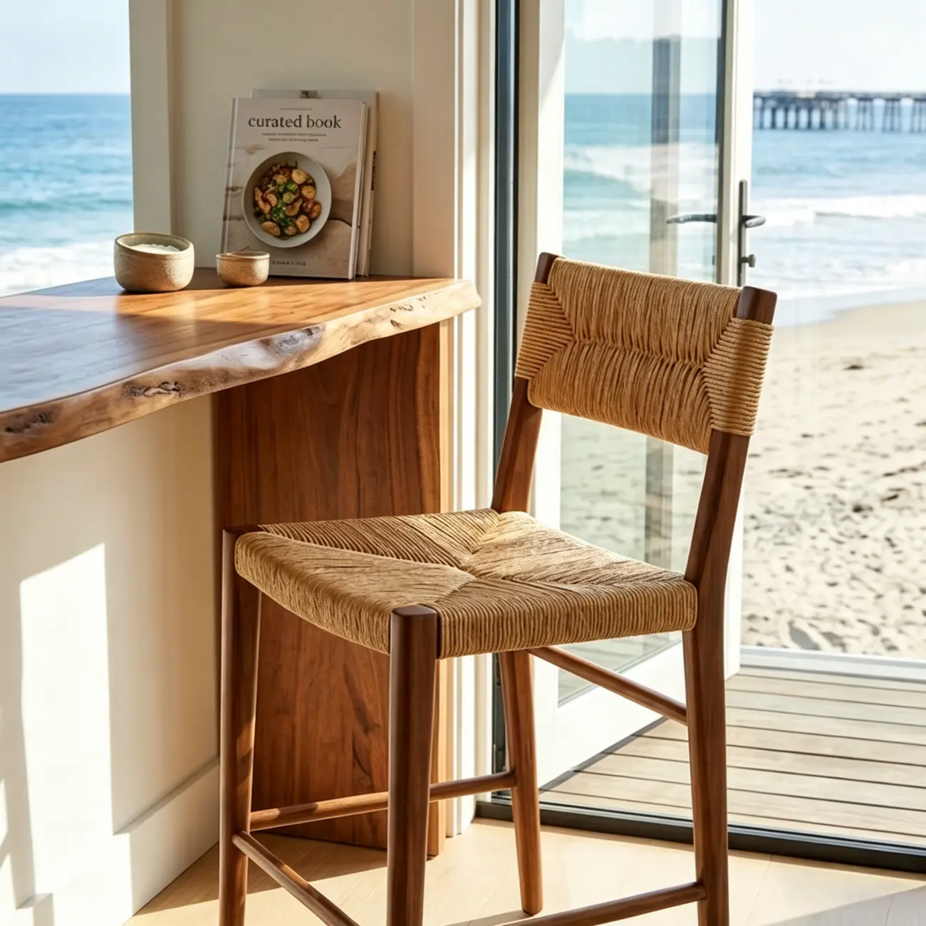 Natural Wood Woven Seat Low Back Bar Stools Image - 5 | homeyfad
