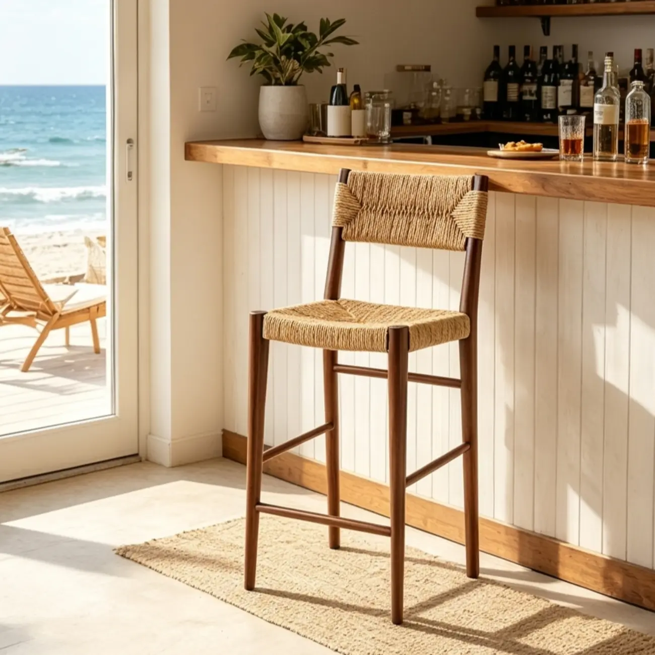 Natural Wood Woven Seat Low Back Bar Stools Image - 1 | homeyfad