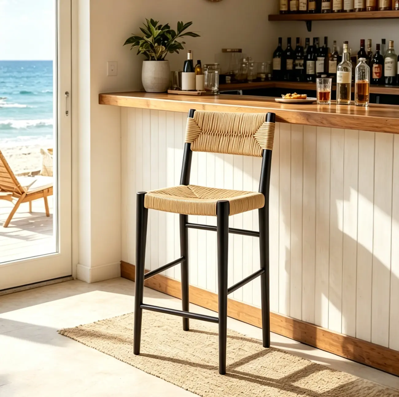 Natural Wood Woven Seat Low Back Bar Stools Image - 6 | homeyfad