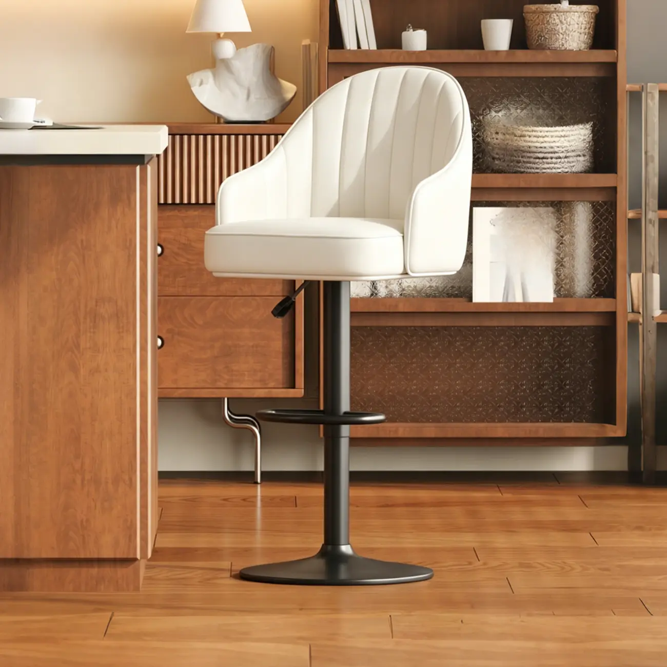 Mid-Century Modern Leather Bar Stool Swivel Adjustable Height Image - 17 | homeyfad