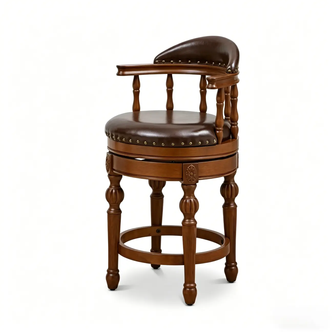 Traditional Brown Solid Wood Top-grain Leather Bar Stools Image - 19 | homeyfad