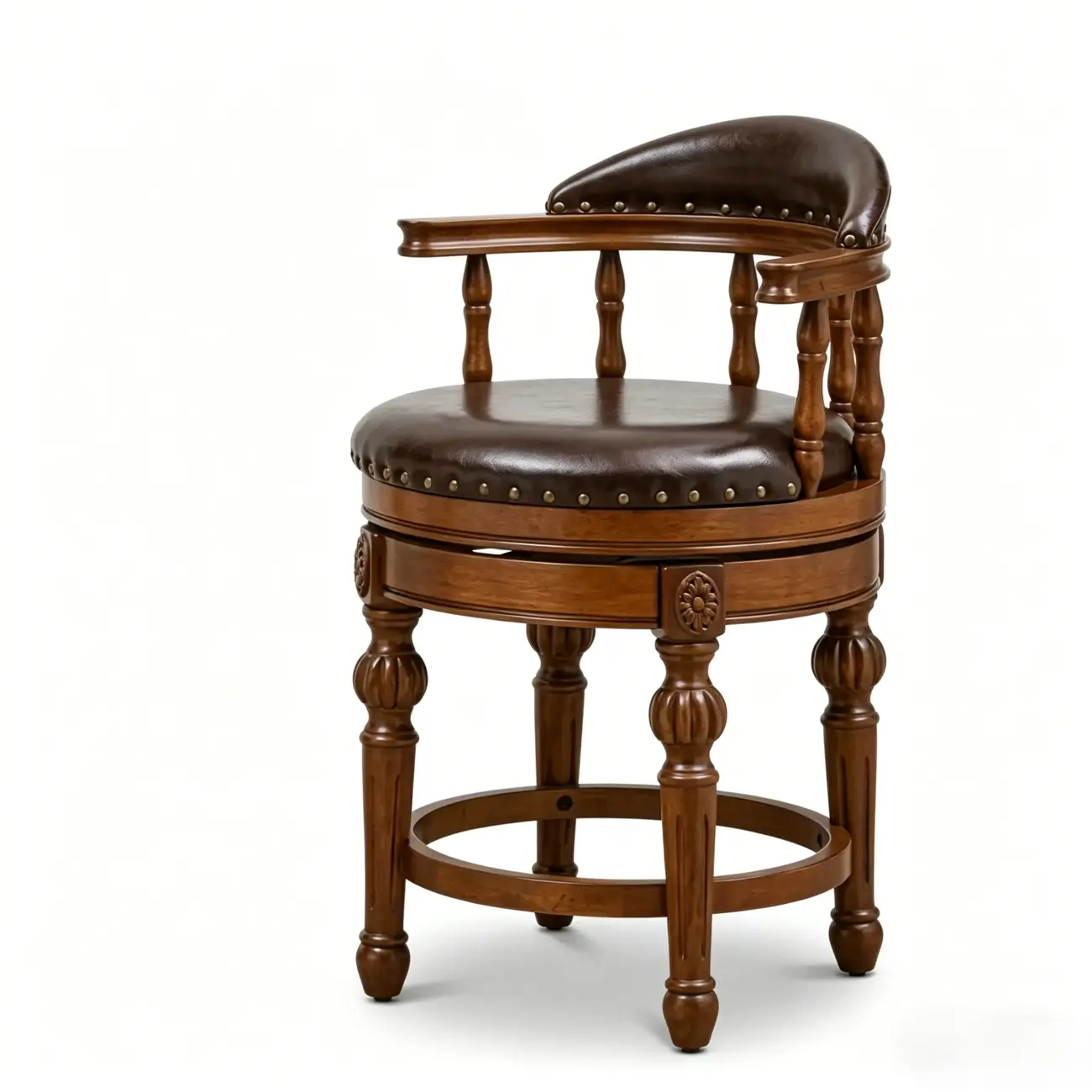 Traditional Brown Solid Wood Top-grain Leather Bar Stools Image - 18 | homeyfad
