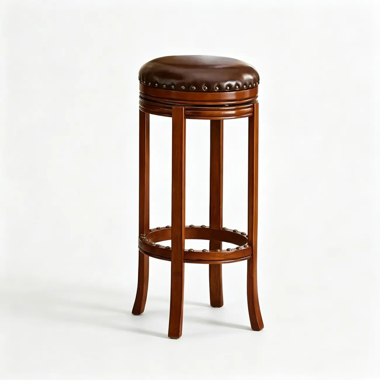 Traditional Brown Solid Wood Top-grain Leather Bar Stools Image - 22 | homeyfad