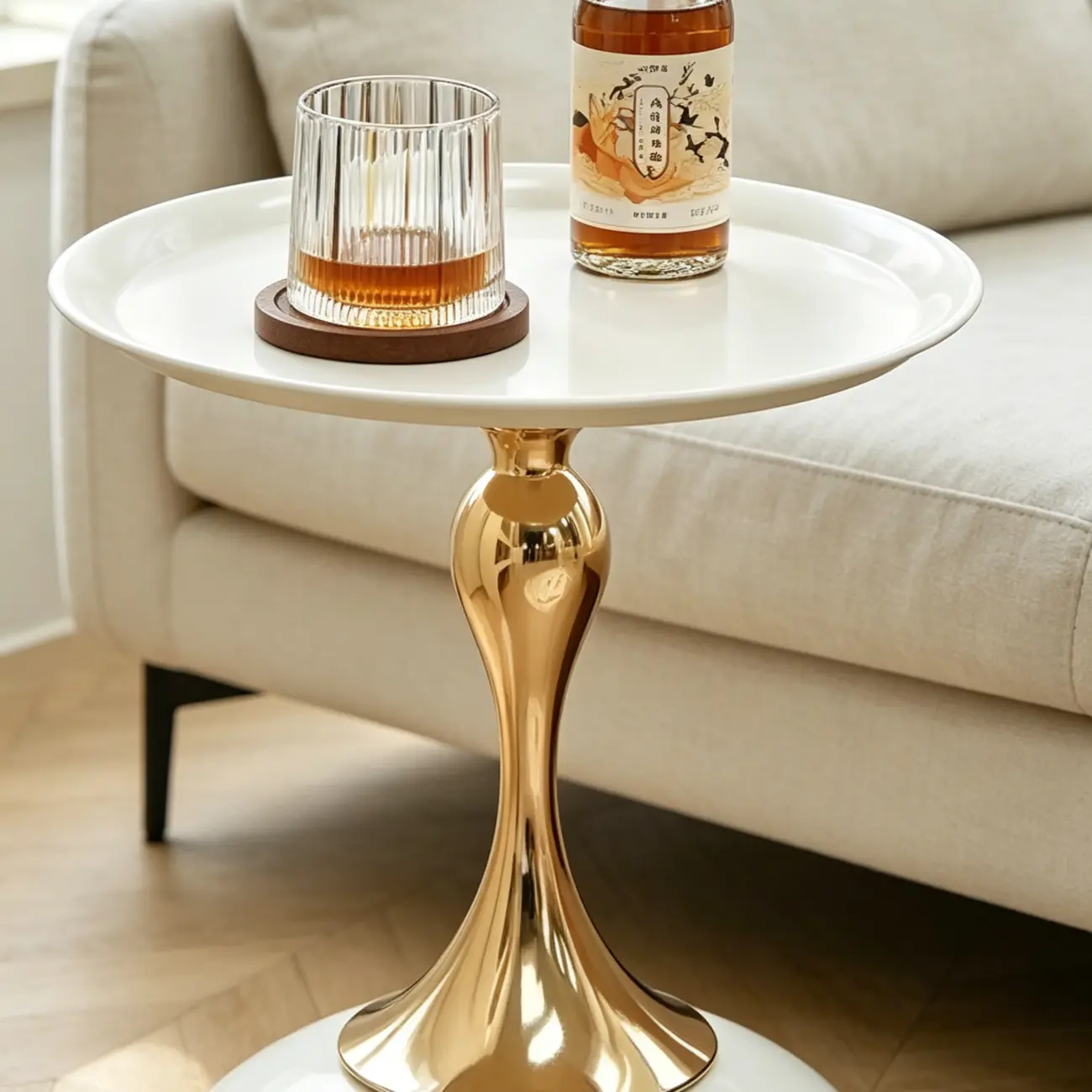 Luxurious Round Metal End Table with Tray for Living Room Image - 3 | homeyfad