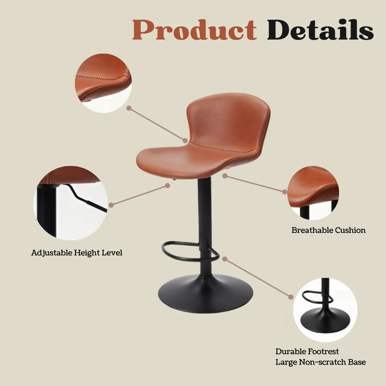 Industrial Waterproof Pu Leather Adjustable Swivel Bar Stool Image - 6 | homeyfad