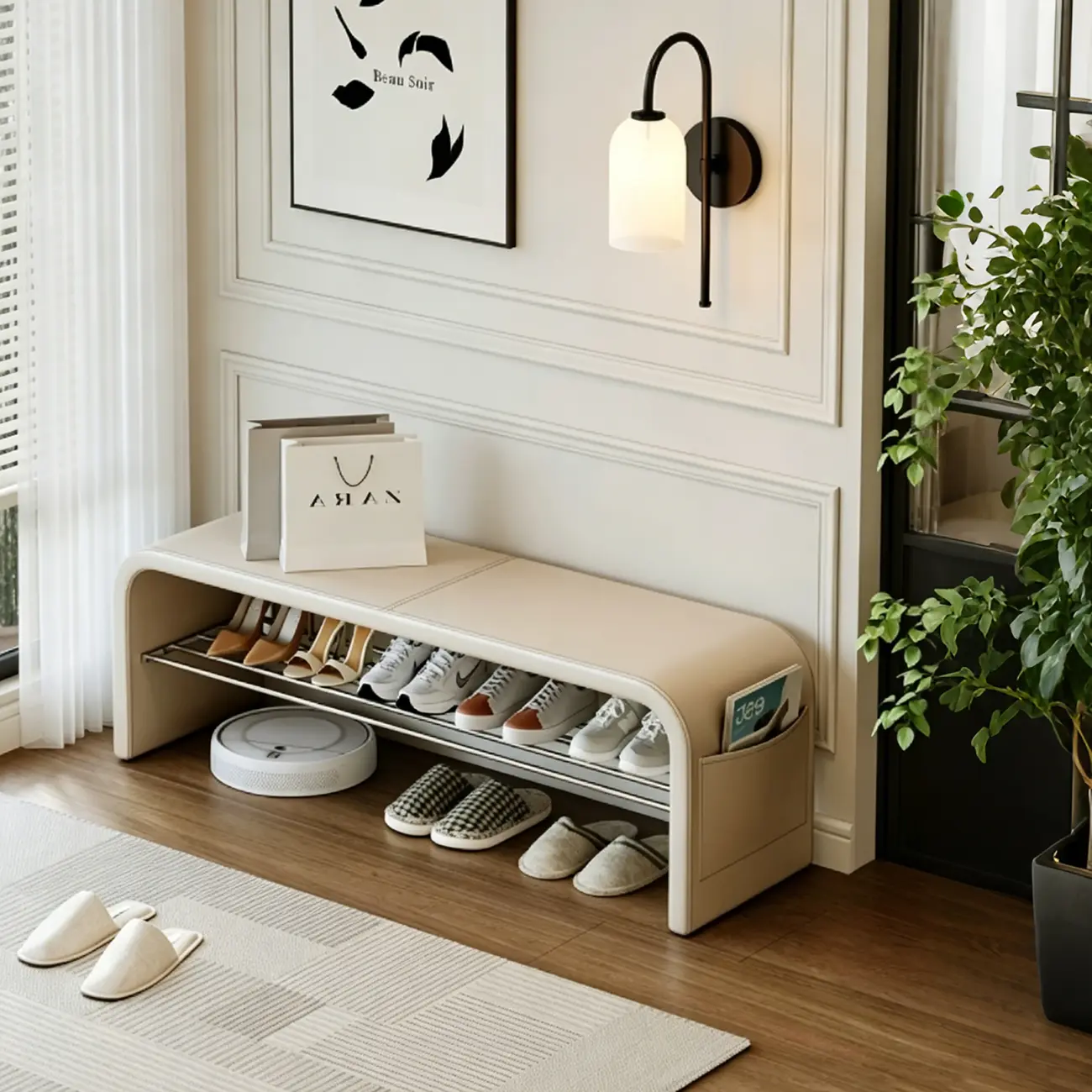 Minimalist Long Leather Cushioned Storage Bedroom Bench Image - 1