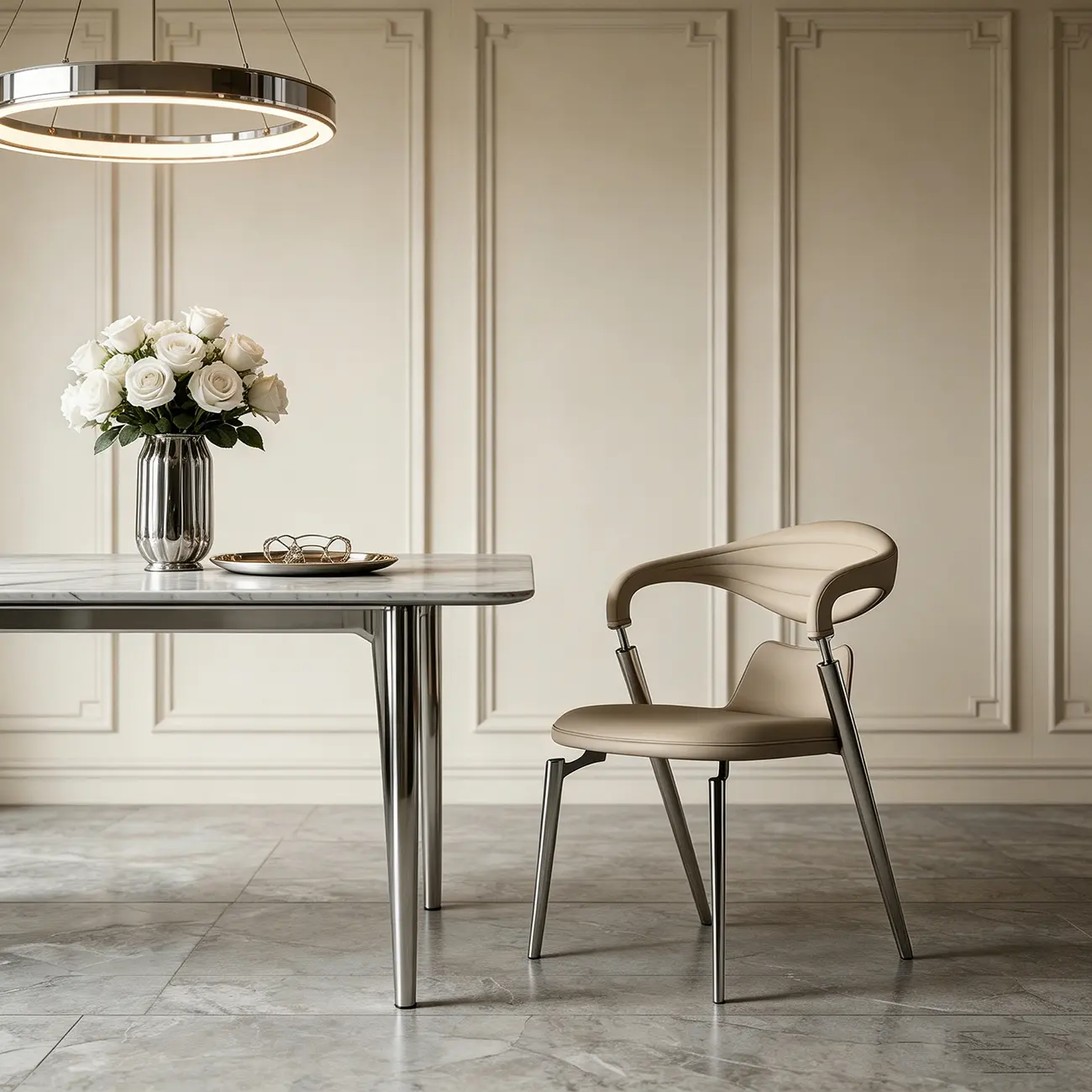 Luxury Curved Open Back Faux Leather Dining Chair Stainless Steel Legs Image - 1 | homeyfad
