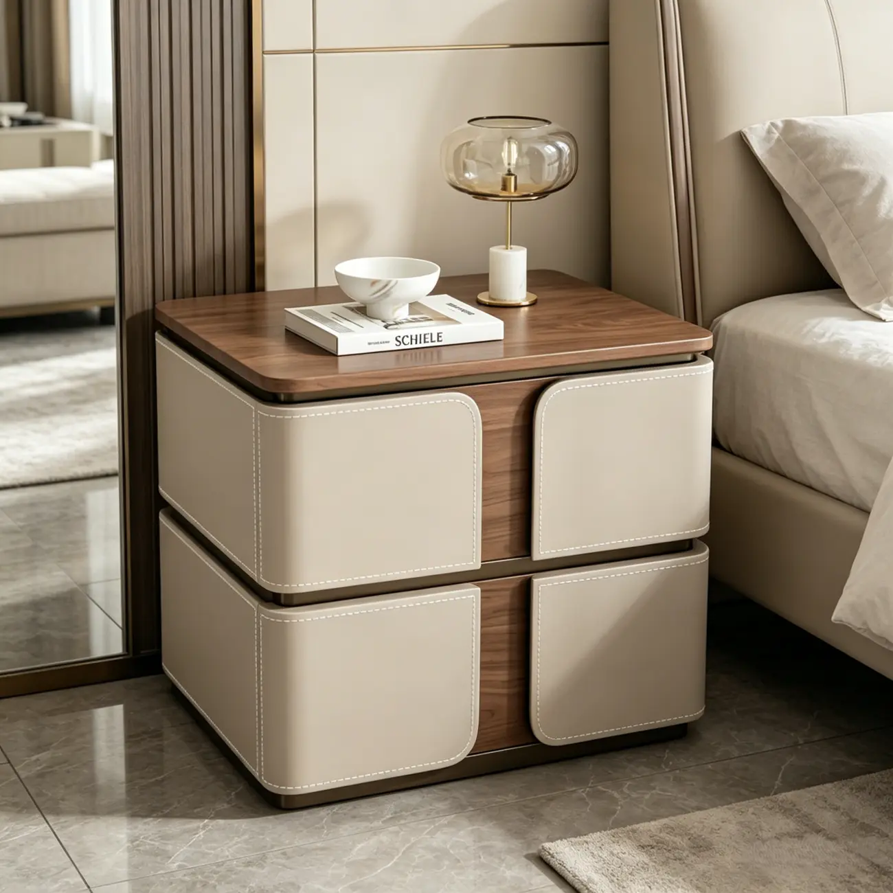 Modern 2-Drawer Wooden Nightstand with Leather Finish Image - 1 | homeyfad
