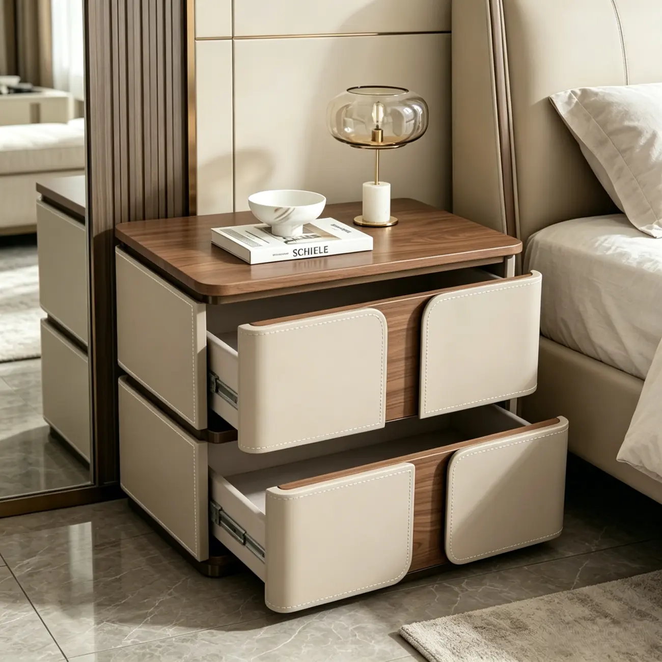 Modern 2-Drawer Wooden Nightstand with Leather Finish Image - 3 | homeyfad