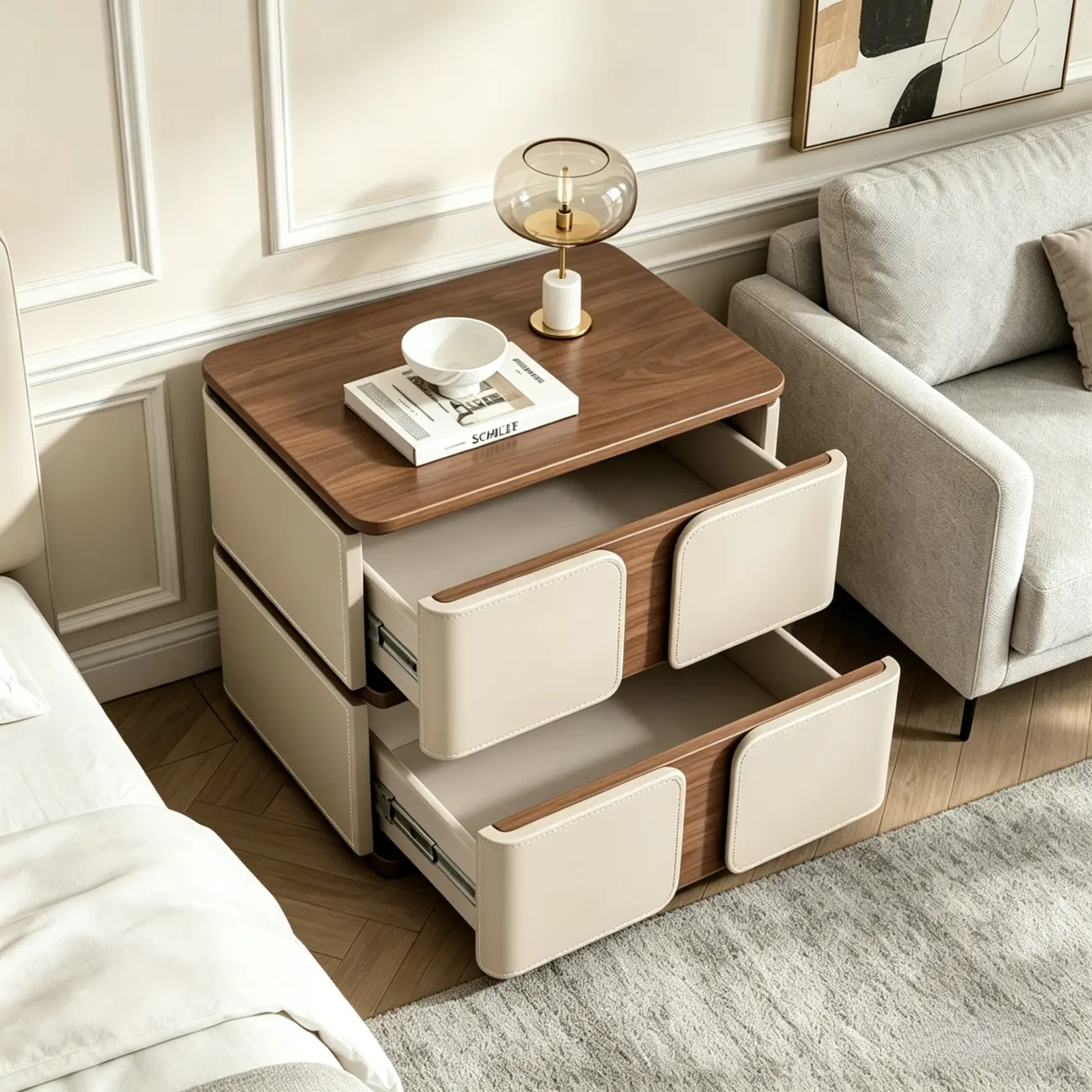 Modern 2-Drawer Wooden Nightstand with Leather Finish Image - 2 | homeyfad