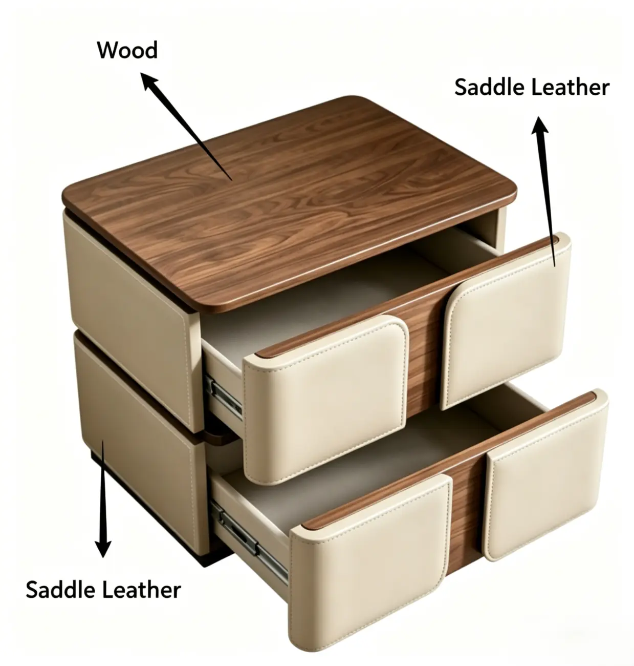 Modern 2-Drawer Wooden Nightstand with Leather Finish Image - 4 | homeyfad