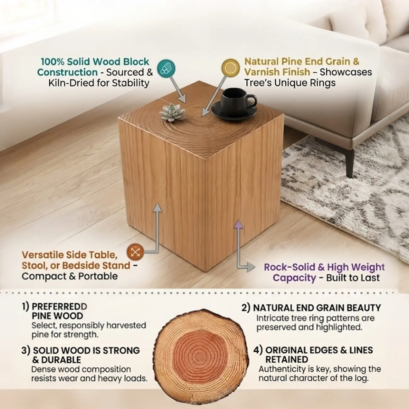 Modern Black Pine Wooden Square Stump End Table Image - 4 | homeyfad