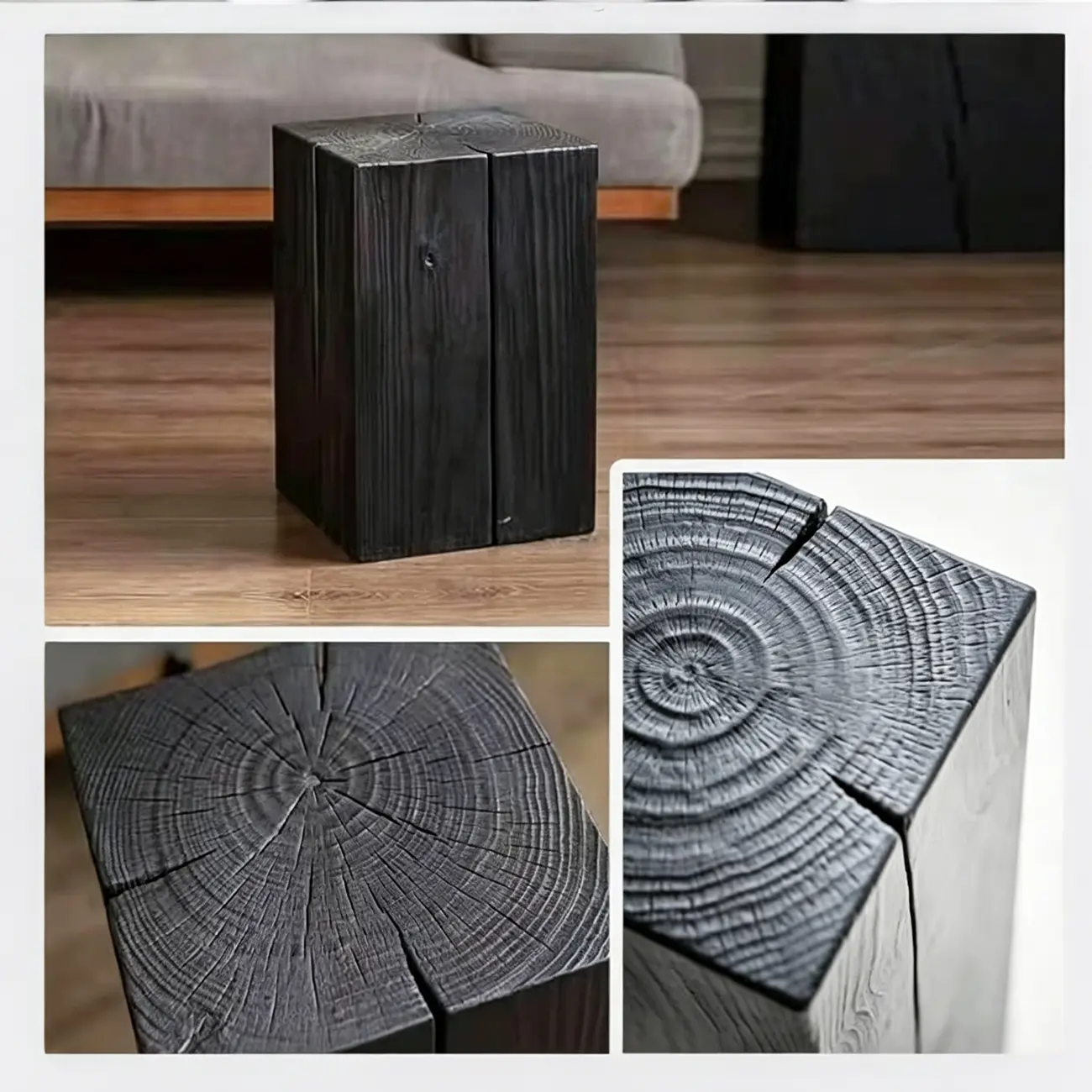 Modern Black Pine Wooden Square Stump End Table Image - 6 | homeyfad