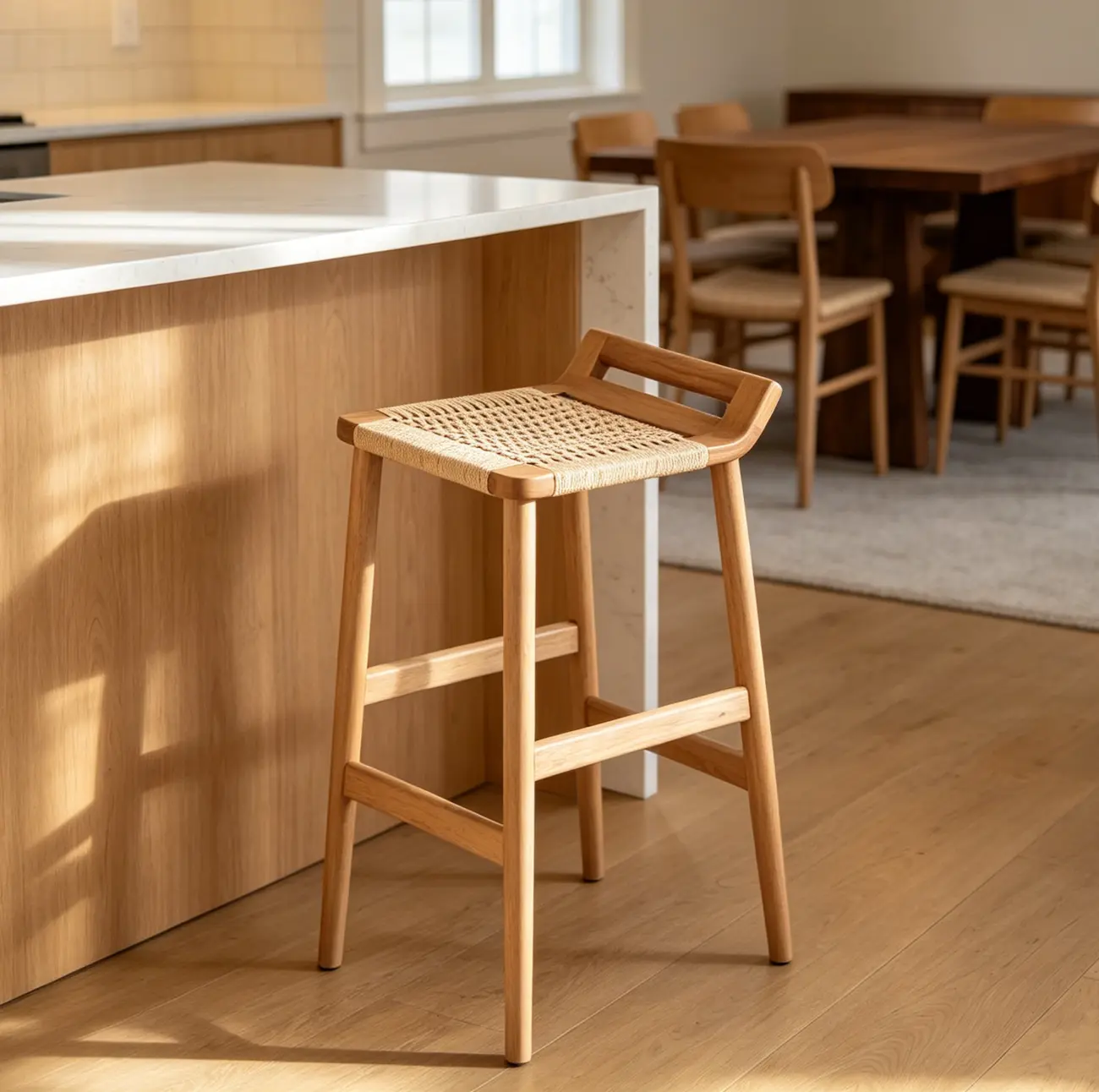 Natural Wood Backless Woven Seat Counter Height Bar Stool Image - 6 | homeyfad