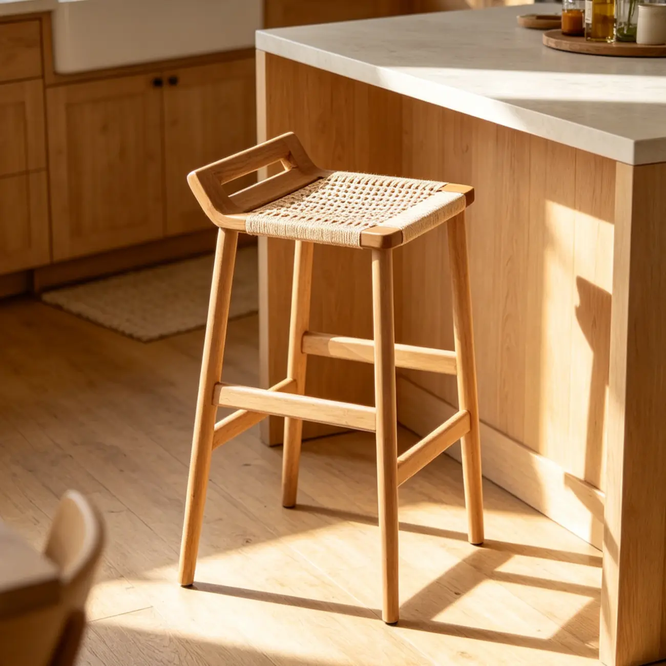 Natural Wood Backless Woven Seat Counter Height Bar Stool Image - 2 | homeyfad