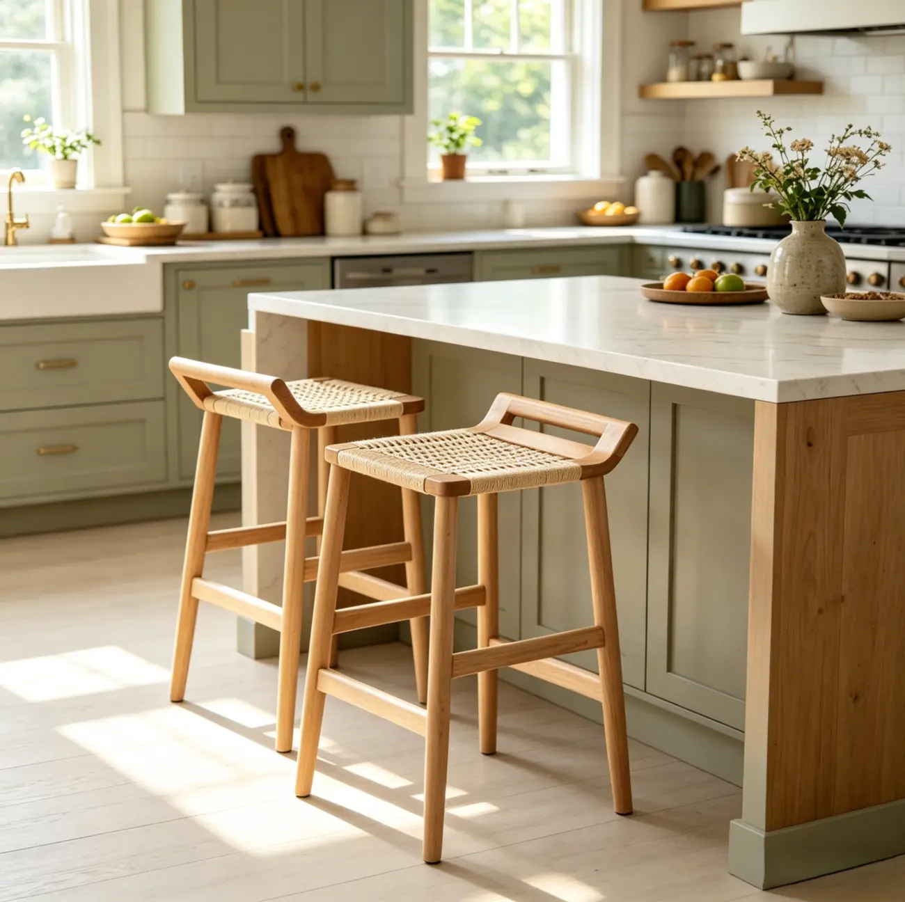 Natural Wood Backless Woven Seat Counter Height Bar Stool Image - 3 | homeyfad