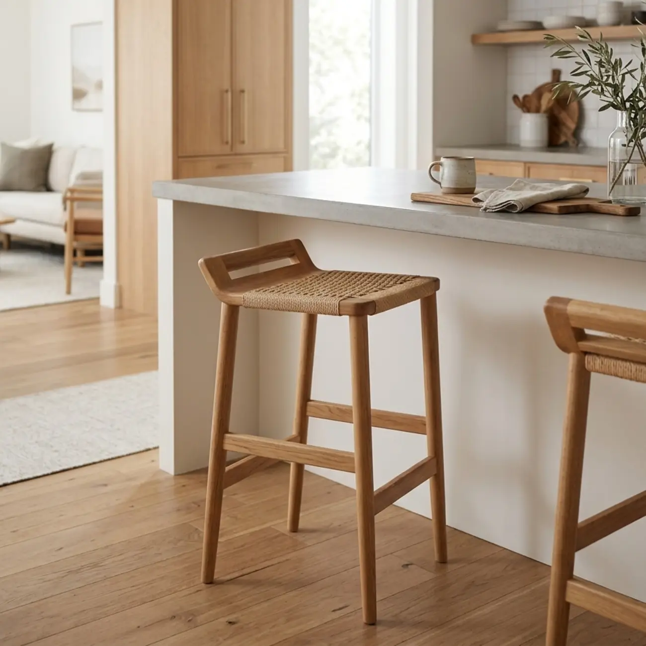 Natural Wood Backless Woven Seat Counter Height Bar Stool Image - 4 | homeyfad