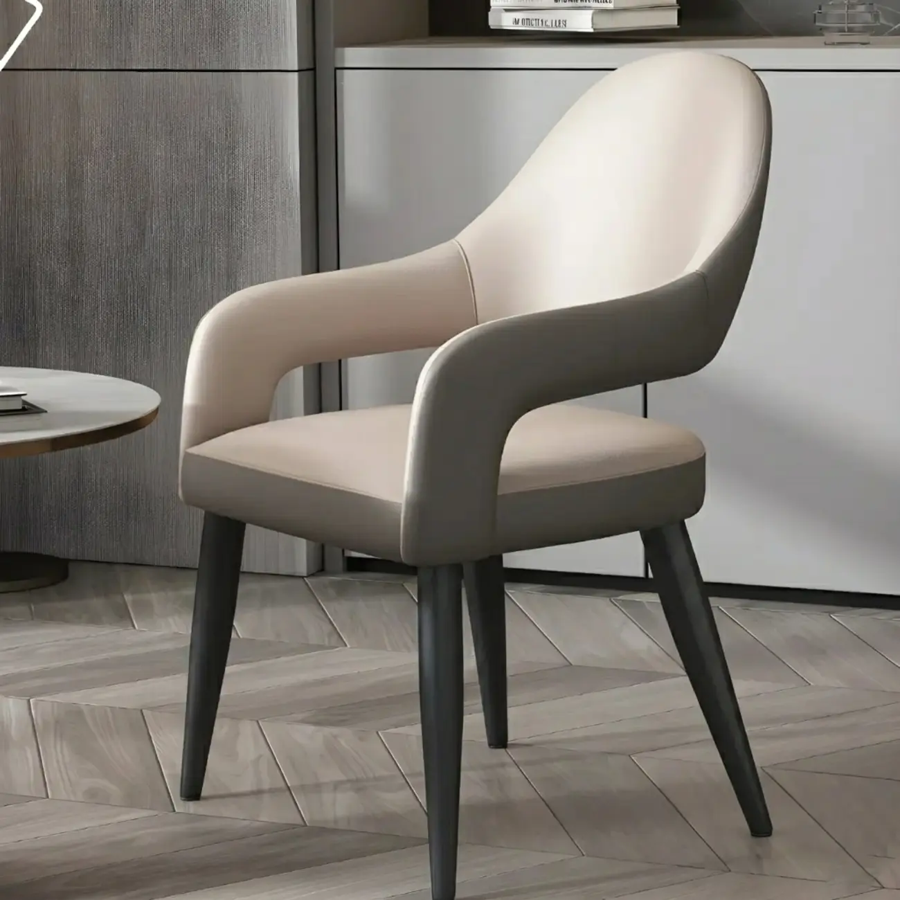 Grey Curved Leather Upholstered Armrest Dining Chair Image - 1 | homeyfad