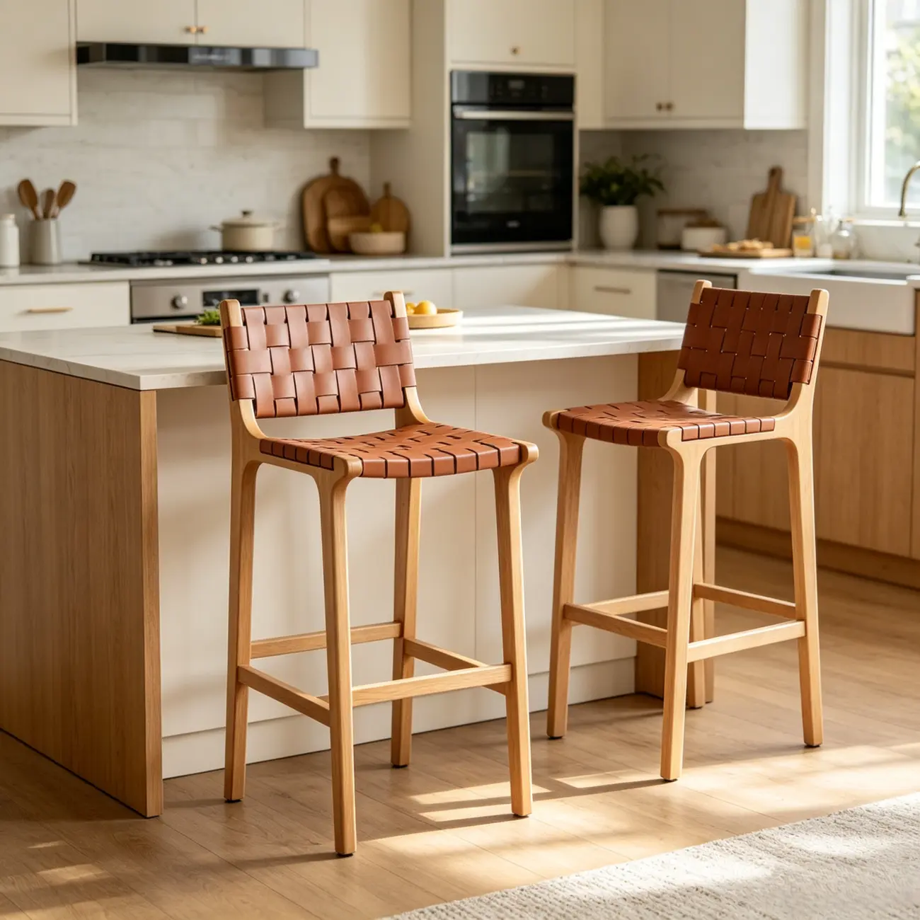 Rustic Faux Leather Wooden Woven Bar Stool Image - 7 | homeyfad