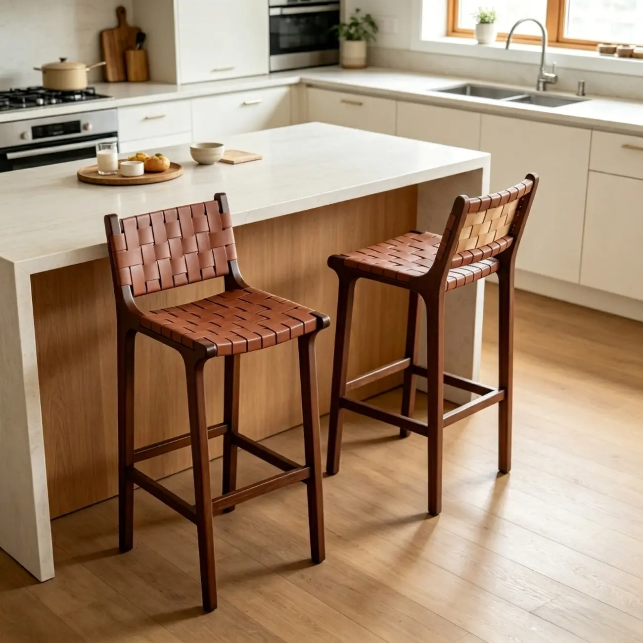 Rustic Faux Leather Wooden Woven Bar Stool Image - 9 | homeyfad