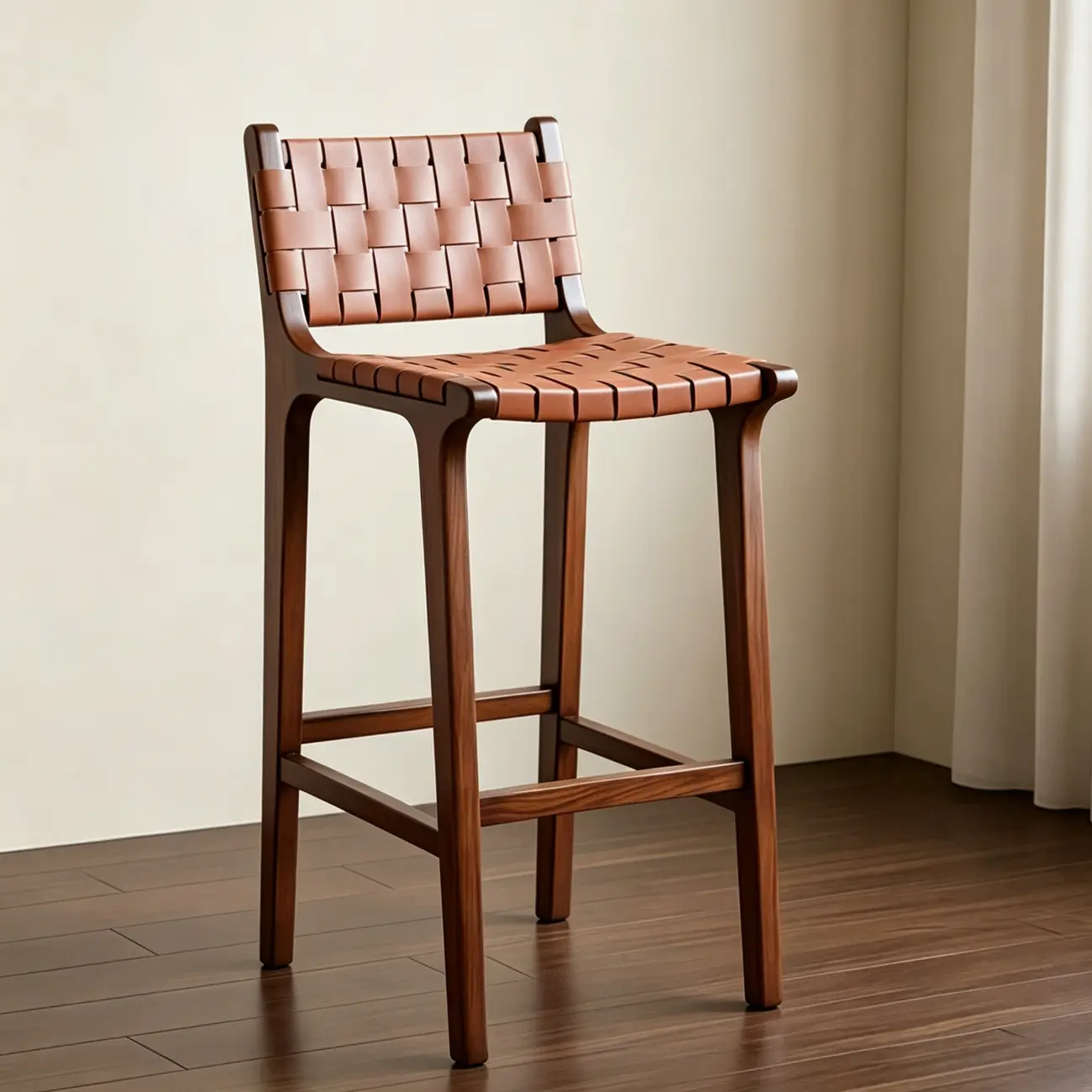 Rustic Faux Leather Wooden Woven Bar Stool Image - 10 | homeyfad