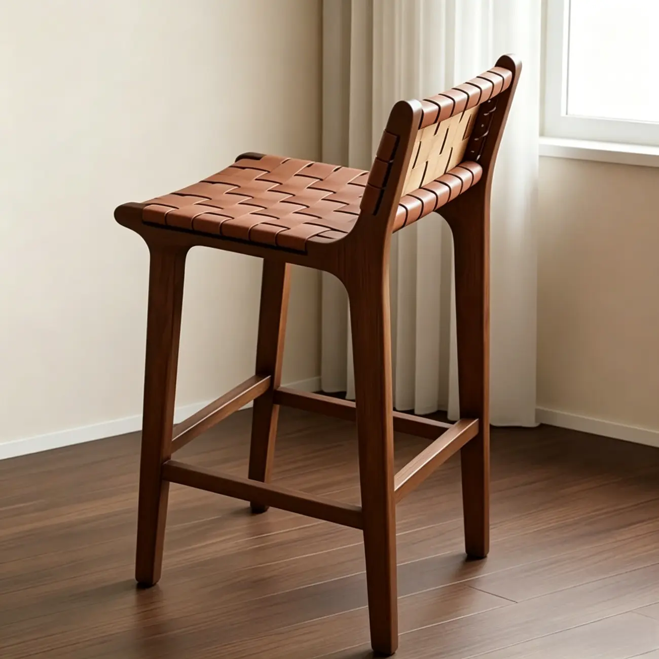 Rustic Faux Leather Wooden Woven Bar Stool Image - 11 | homeyfad