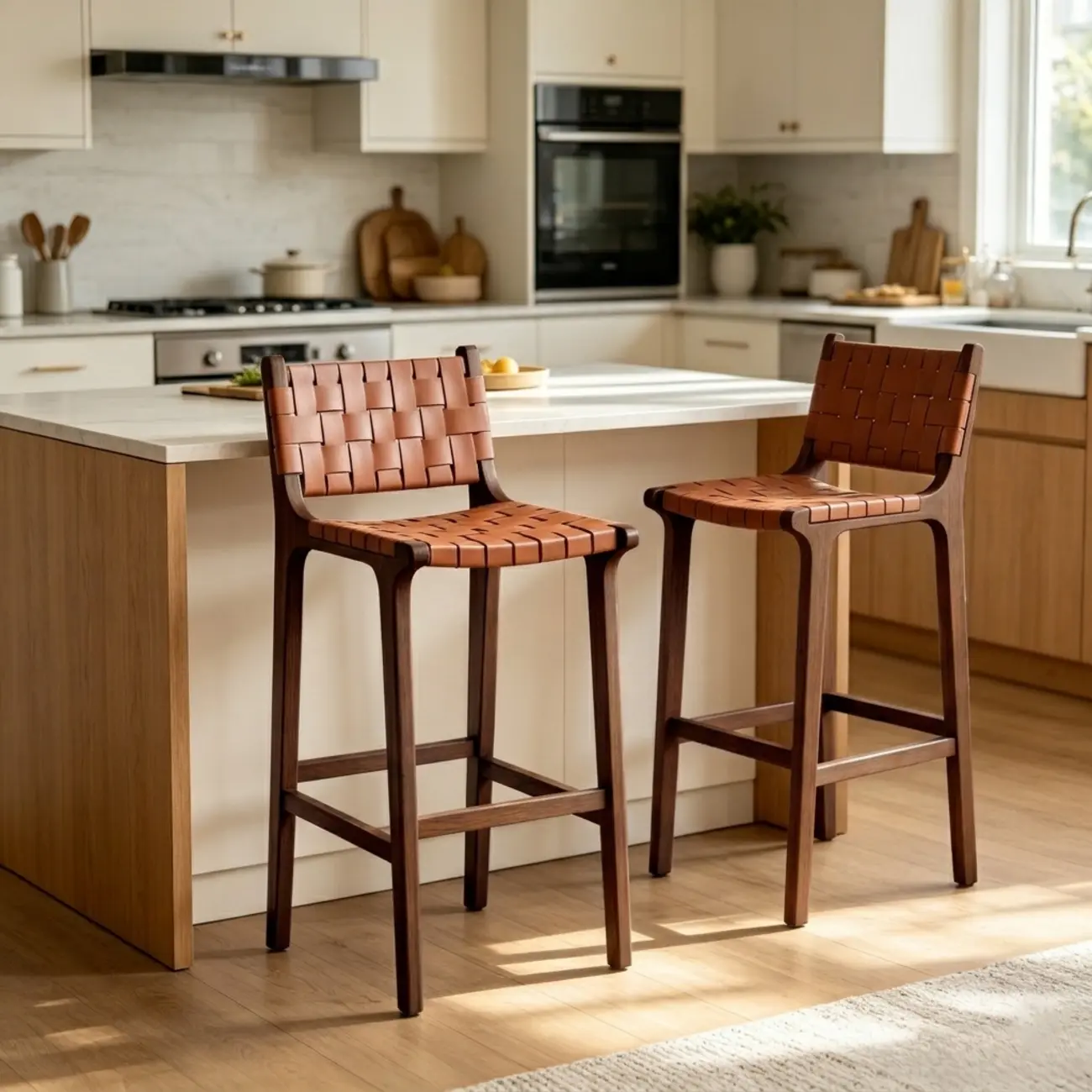 Rustic Faux Leather Wooden Woven Bar Stool Image - 8 | homeyfad